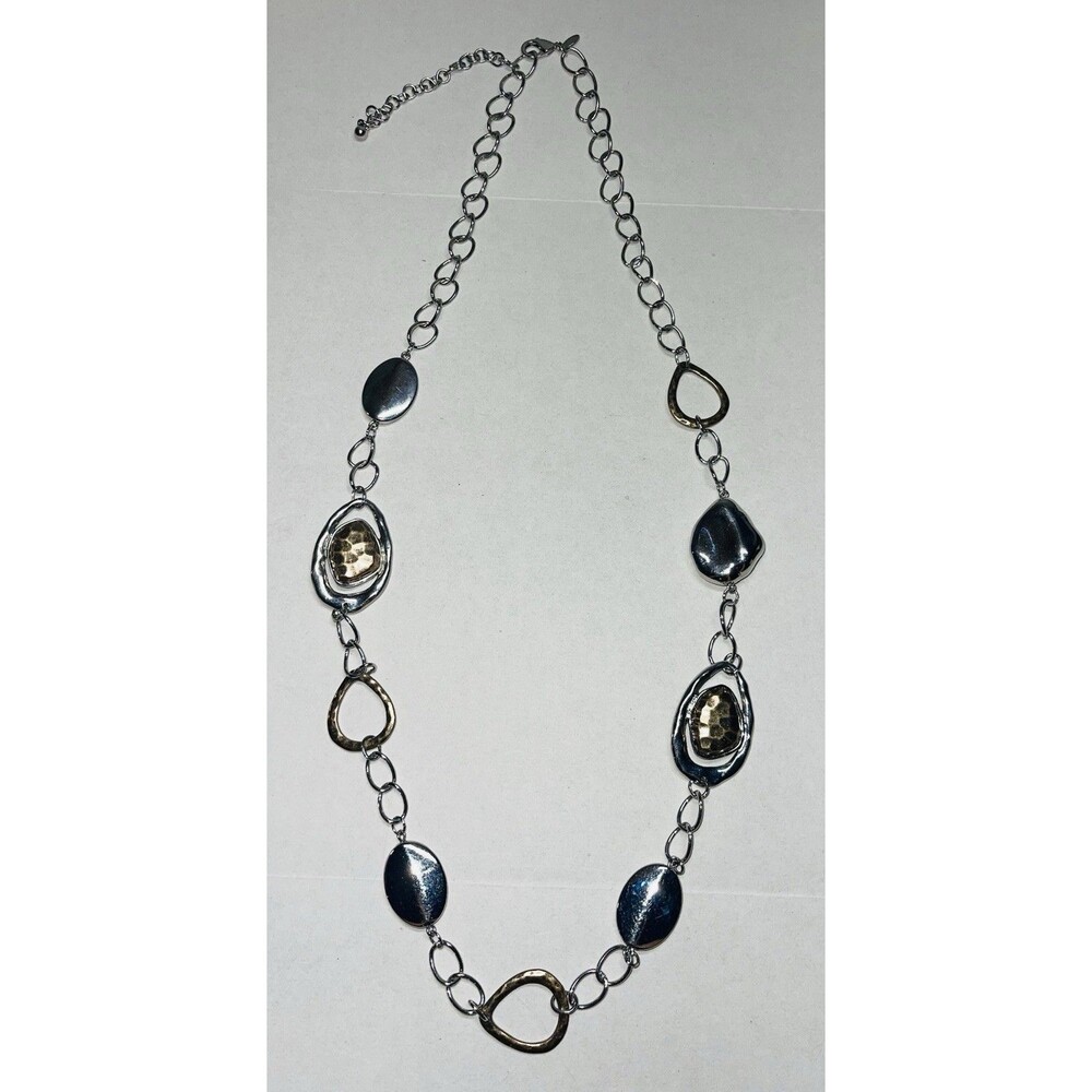 Chico’s Mixed Metal Statement Necklace Silver Gold Hammered 36”